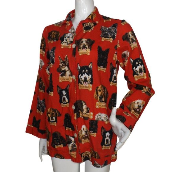 NICK & NORA Pajama Top, S, Dogs, Milk Bone, Long sleeves, Vintage, Pockets, Red - Picture 3 of 10